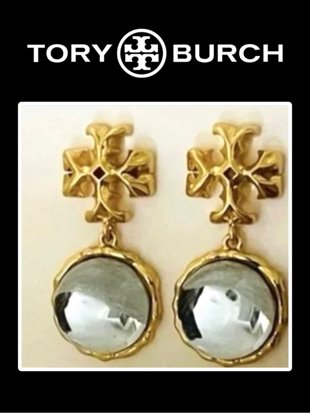 Tory Burch Roxanne Drop Earrings in a light blue color.